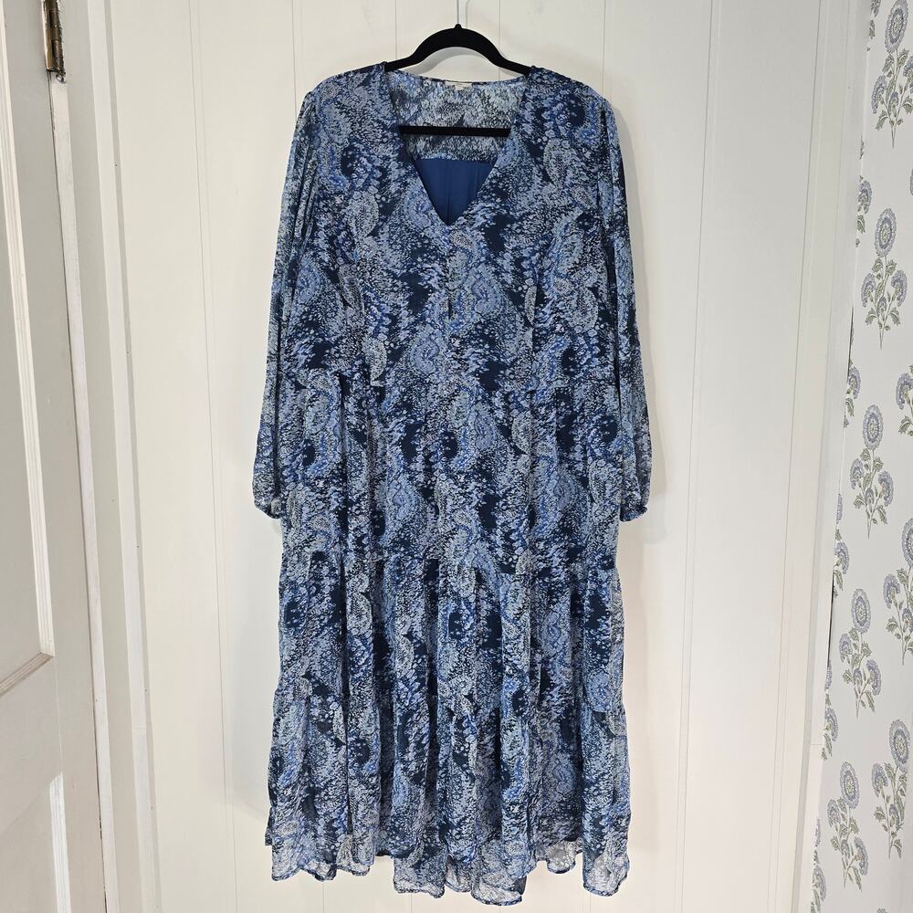 Joie Blue Bohemian Dress Tiered Maxi Chiffon Paisley Long Sleeve Size XXL
